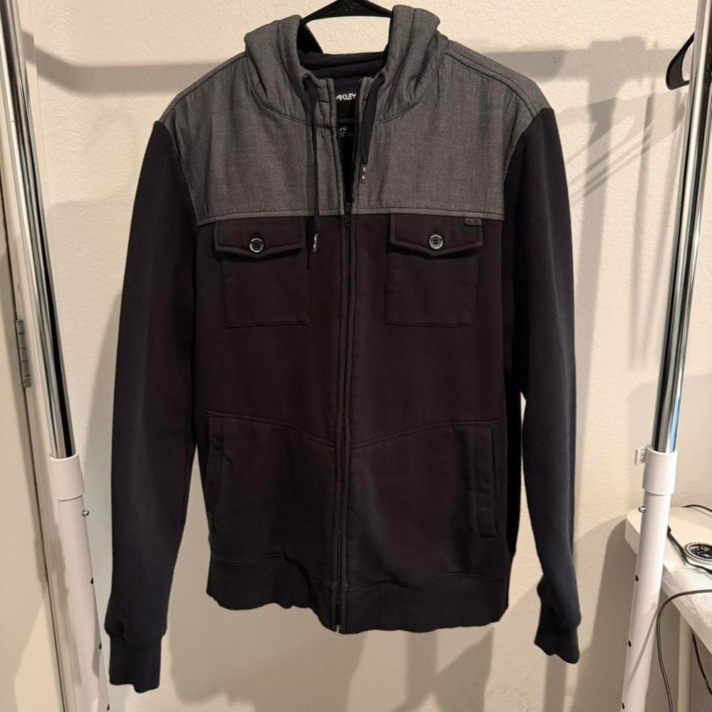 Oakley Mens Full Zip Fleece Hoodie Black Grey Skater Colorblock Large